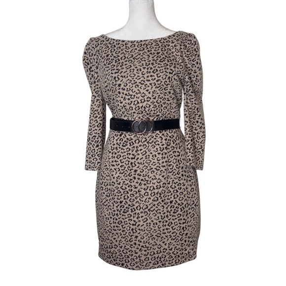 Akira Black Label Leopard Print Bodycon Dress L Puff Sleeve V Back Cocktail - Picture 1 of 5